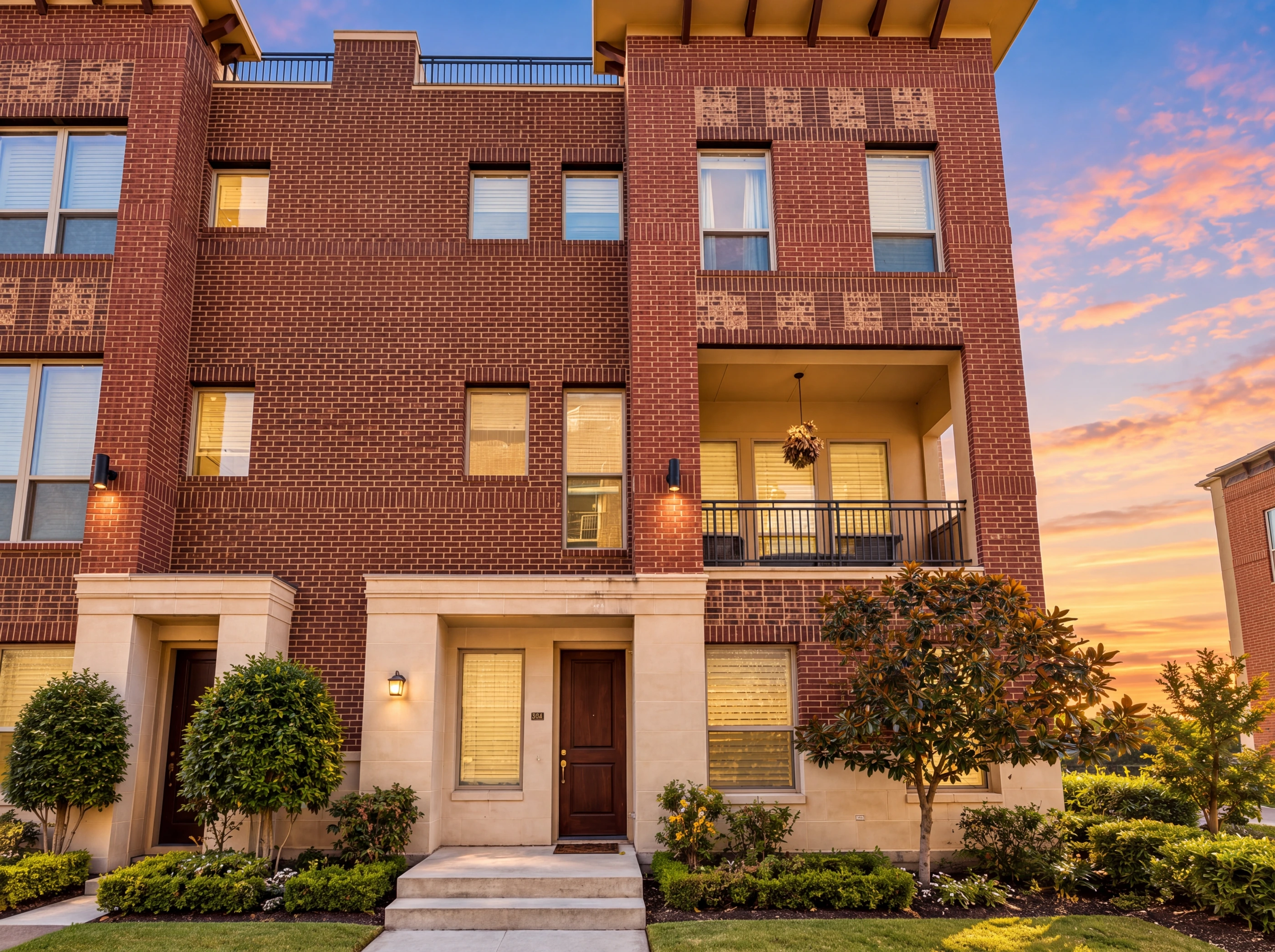 Three-story brick brownstone at dusk