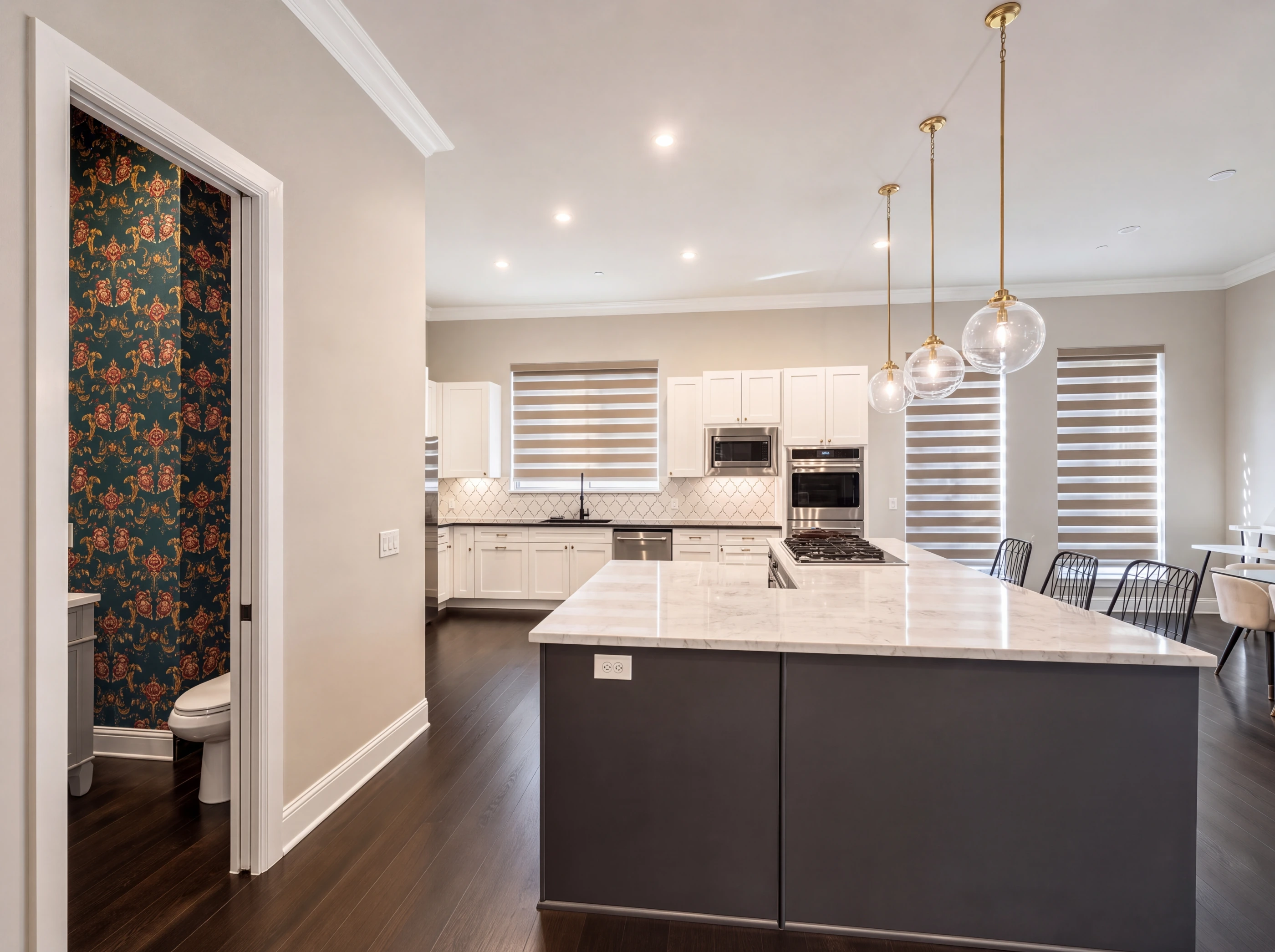 Kitchen island and powder room door