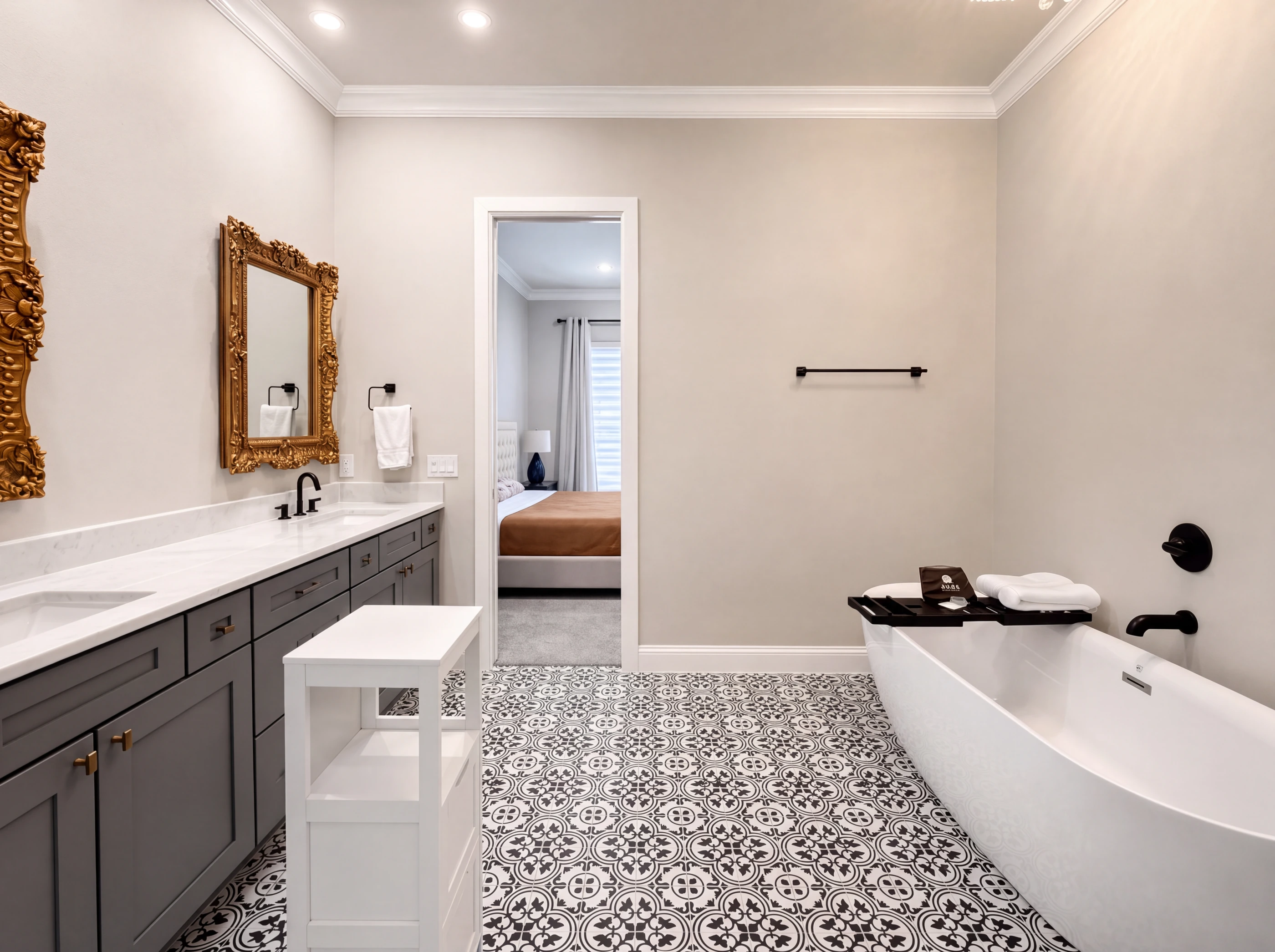 Primary bath with freestanding tub on patterned tile