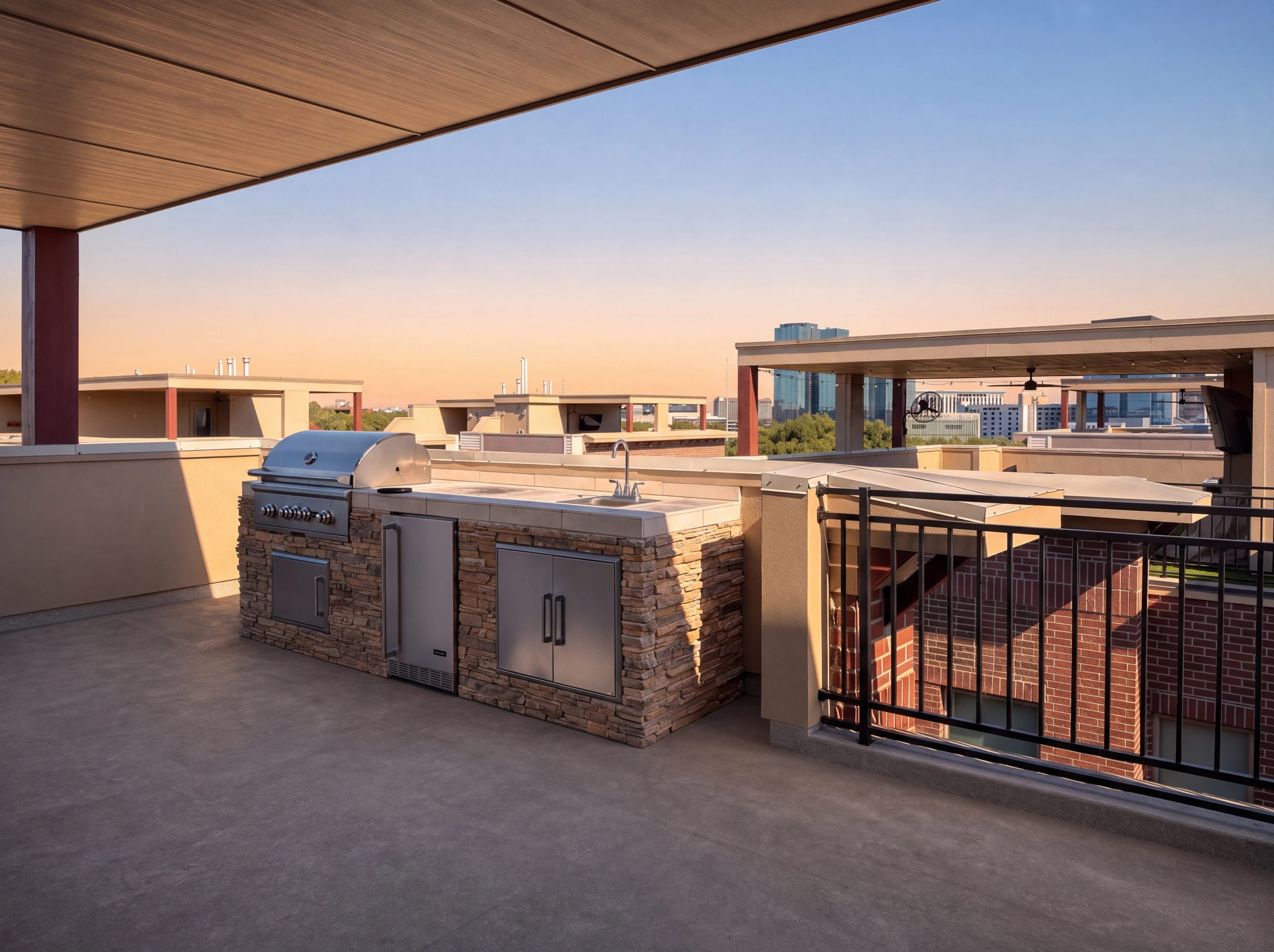 Rooftop outdoor kitchen with built-in grill
